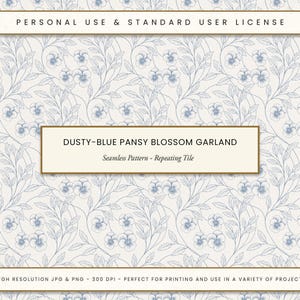 Blue Pansy Blossom Garland Seamless Pattern, Vintage Floral Toile Style, Elegant Line Art Botanical Tile, Classic Digital Fabric Print PNG