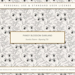 Pansy Blossom Garland Seamless Pattern, Vintage Floral Toile Style, Elegant Line Art Botanical Tile, Classic Digital Fabric Print PNG