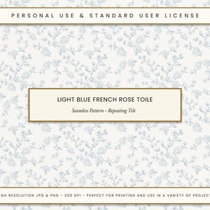 Light Blue French Toile Seamless Pattern, Vintage Floral Print, Fabric Design, Chinoiserie Style, Hand Drawn Roses, DIY Crafts & Gifts