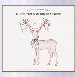 Blau Rotwild Rehkitz Clipart Handgemalt Aquarell Vintage Preppy Waldland Erbstück Niedlichen Rentier Illustration PNG Nostalgische Weihnachten DIY Handwerk