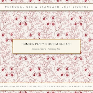 Red Pansy Blossom Garland Seamless Pattern, Vintage Floral Toile Style, Elegant Line Art Botanical Tile, Classic Digital Fabric Print PNG