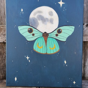 Moon Moth Painting, Wall Hanging, Bedroom Decor, Dorm Room Decor, Cottagecore/Witchy Painting