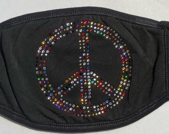 Colorful Bedazzled, Bling, Rhinestone Peace Sign, Adult Face Covering. Reusable, Non-Adjustable, Breathable Mask With Image