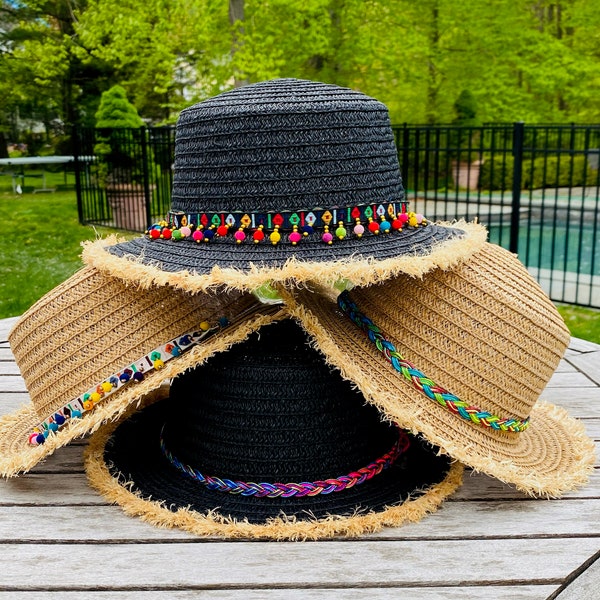 Handcrafted Adjustable Straw Hat With Various Trim Band, Frayed Brim Hat, Sun Hat, English Panama Hat, Beach, Pool Hat, Somer, Sennit Hat