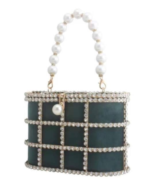 Art Deco Green Rhinestone Handbag Green Velvet Bag Pearl 