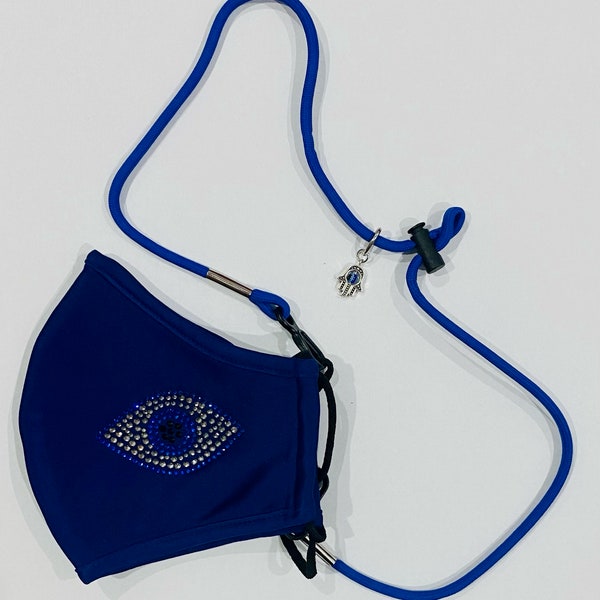 Bedazzled, Bling, Rhinestone Evil Eye and Hamsa charm Combo- Child, Adult Face Covering. Reusable, Adjustable, Breathable Mask With Image