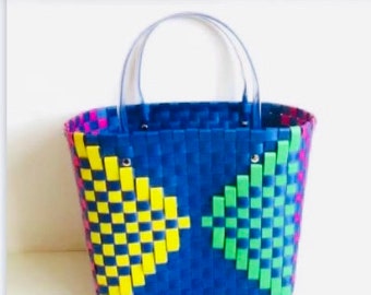 Soft Lightweight Plastic Woven Check Shopper Basket Bag, Multicolor Box Bag,Tote Bag, Beach, Pool, Spring, Summer, Fall Tote, Handbag