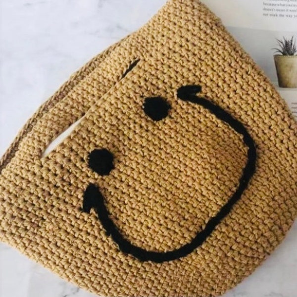 Tan or Beige Smile Handbag, Soft Straw Crochet Smiley Bag, Bucket Bag, Wrist Bag, Clutch, Spring, Summer, Fall Tote, Handbag, Hand Bag