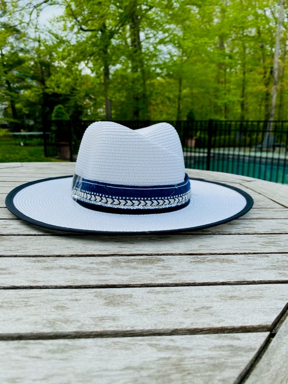 Handcrafted Adjustable Straw Hat with Fringe Tassel or M Logo Black Band, Sun Hat, English Panama Hat, Beach, Pool Hat, Sennit Hat