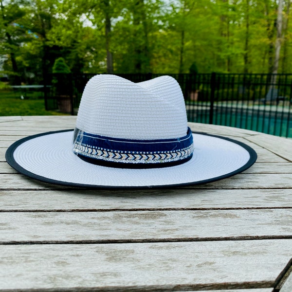 Handcrafted Adjustable Straw Hat With Fringe Tassel or M Logo Black Band, Sun Hat, English Panama Hat, Beach, Pool Hat, Sennit Hat