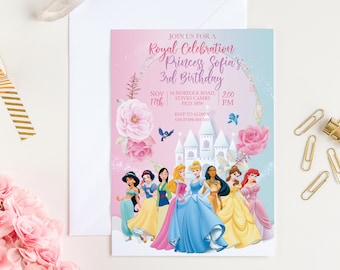 May include: A pink and blue invitation with a floral border and a castle illustration. The text reads "Join us for a Royal Celebration Princess Sofia's 3rd Birthday".  The invitation includes the date, time, address, and RSVP information.