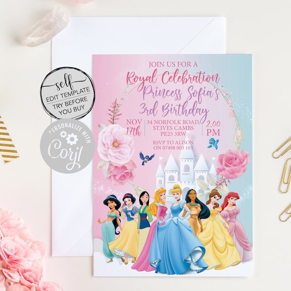 Edit Yourself Princess Party Einladung - Prinzessin Geburtstag Party Einladungen - Prinzessin Theme Party Einladungen - SOFORTIGER DOWNLOAD