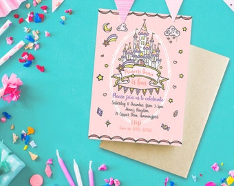 May include: Pink invitation card with a cartoon illustration of a castle and the text "Princess Anna is four". The card has a white border and is decorated with stars and clouds.