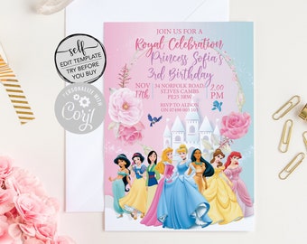 Edit Yourself Princess Party Invitation - Princess Birthday Party Invitations - Princess Theme Party Invitations - INSTANT DOWNLOAD