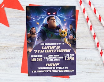 May include: Purple invitation card with a space theme. It says "Star Command Invite You To Luna's 7th Birthday" with a picture of a cartoon astronaut and a cat. The card says "Launching Jan 2nd" and "Lift Off 1-3pm".