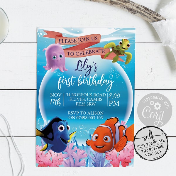 Edit Yourself Finding Nemo Party Invitation - Disney Finding Nemo Party Invitations - INSTANT DOWNLOAD