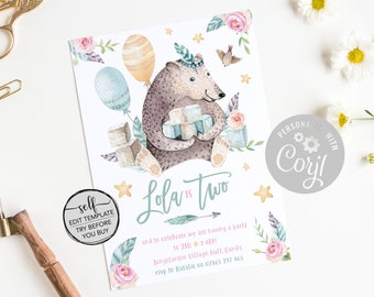 Edit Yourself Bear and Balloons Party Invitations, Bear and Balloons Birthday Invitations, Party Invitations - INSTANT DOWNLOAD