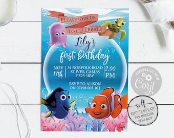 Edit Yourself Finding Nemo Party Invitation - Disney Finding Nemo Party Invitations - INSTANT DOWNLOAD