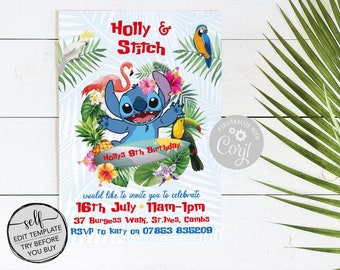 Pode incluir: Um personagem azul do Stitch de Lilo & Stitch está surfando em uma prancha de surf com o texto "Holly's 9th Birthday". O fundo é um design tropical com folhas de palmeira, flores e pássaros. O texto do convite diz "16th July 11am-1pm 37 Burgess Walk, St.Ives, Cambs RSVP to Katy on 07853 835209".