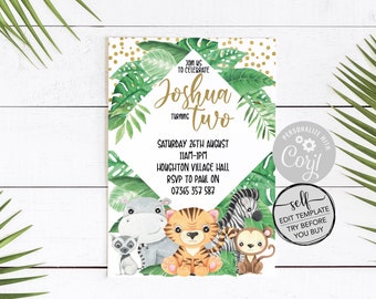 May include: A birthday invitation with a jungle theme. The invitation features a diamond-shaped frame with green leaves and gold polka dots. The text reads "Joshua turning two" with event details and cartoon animals.