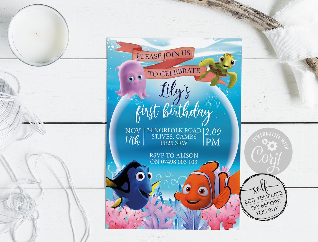 Edit Yourself Finding Nemo Party Invitation Disney Finding Nemo