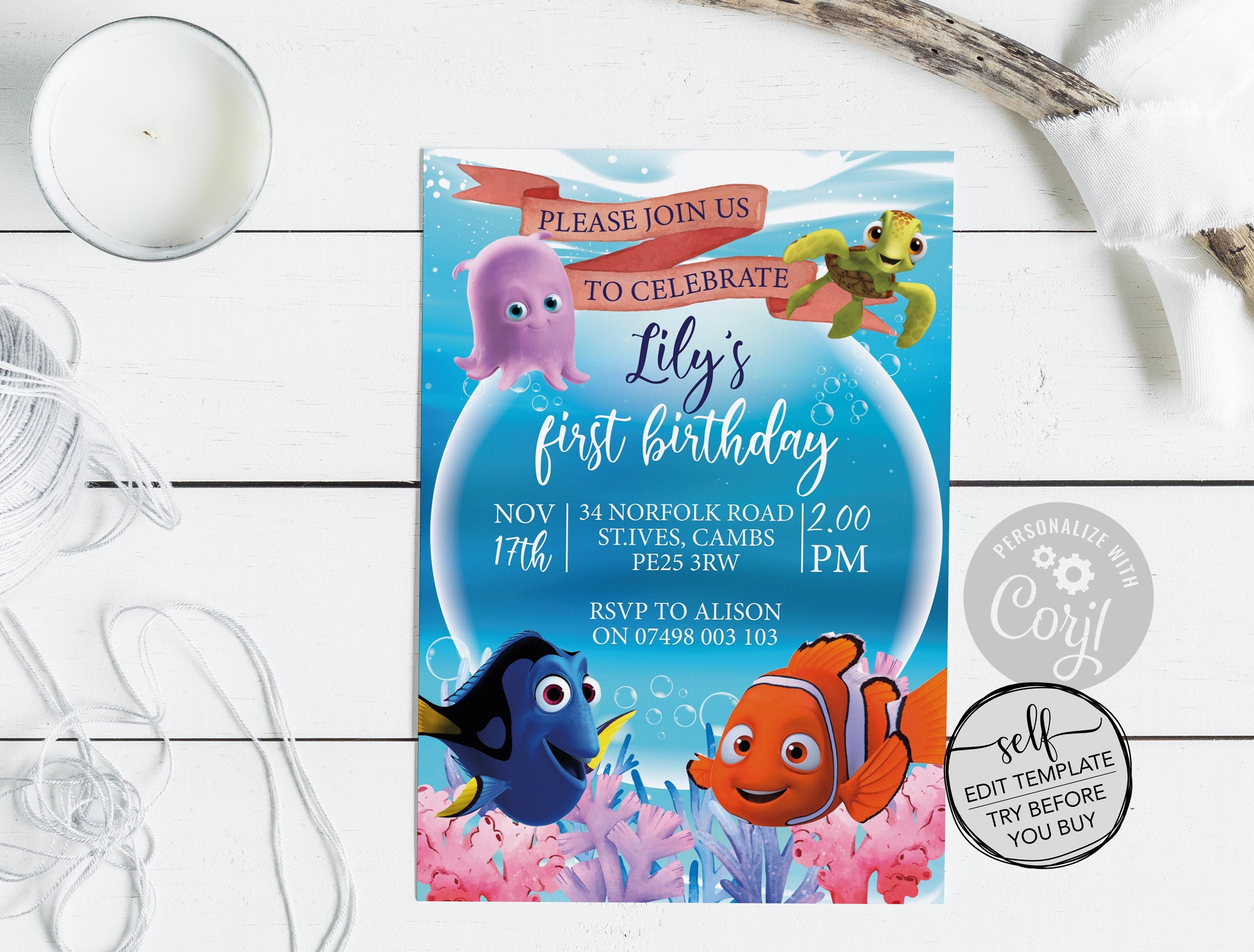 Edit Yourself Finding Nemo Party Invitation Disney Finding Nemo Party  Invitations INSTANT DOWNLOAD 