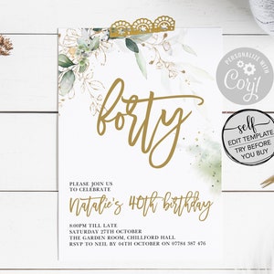 Edit Yourself Gold Floral Botanical Birthday Party Invitation/21st/30th/40th/50th - INSTANT DOWNLOAD
