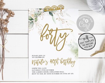 Bearbeiten Sie sich Selbst Gold Floral botanische Geburtstagsparty Einladung/21./30./40./50. - INSTANT DOWNLOAD