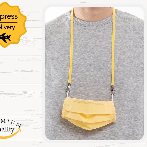 Comfy Cloth Face Masks with Adjustable Lanyard Neck Strap / Cotton Fabric / TRIPLE Layers / Ultra Elastic Nose Wire - Yellow - Unisex