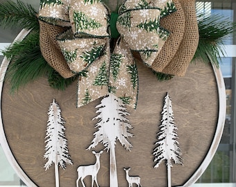 Christmas Door Hanger | Laser Cut | Christmas Door Round | Winter Door Hanger | Deer & Pine Tree Decor