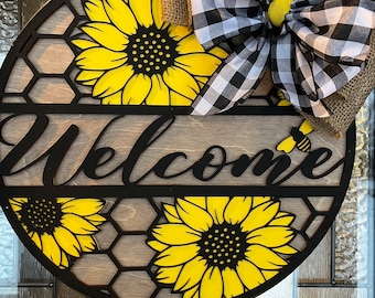 Welcome Door Hanger | Laser Cut | Sunflower Door Hanger | Welcome Sunflower | Door Round