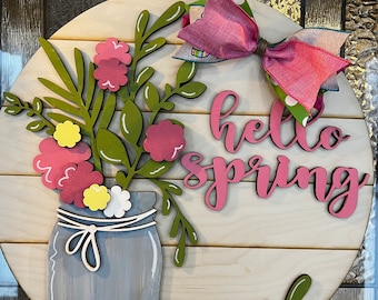 Spring Door Hanger | Laser Cut | Hello Spring Door Hanger | Spring Wreath | Spring Mason Jar