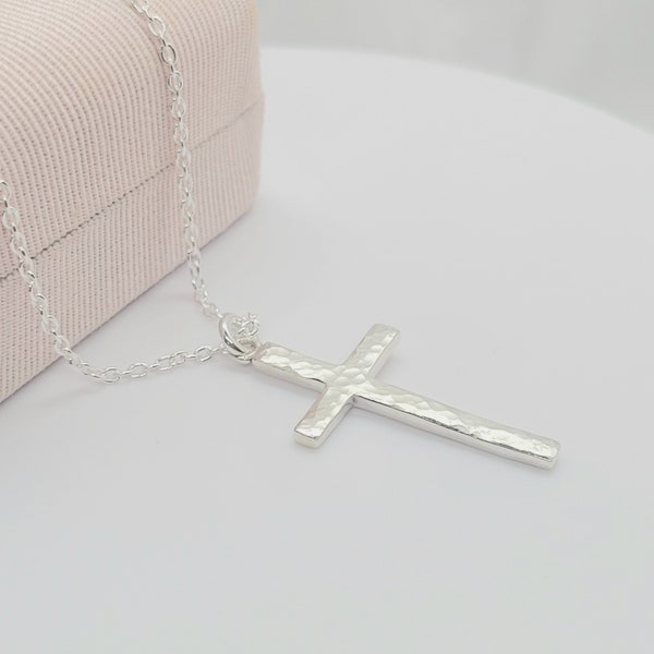 925 Sterling Silver Large Hammered Cross Pendant Necklace ~ Jewelry Canada