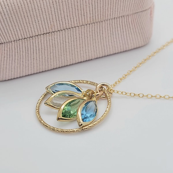 Collier de famille personnalisé rempli d'or 14 carats avec pierres de naissance pour maman, grand-mère, soeur et fille ~ Bijoux Canada ~ Coffret cadeau