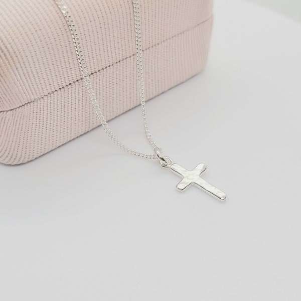 925 Sterling Silver Petite Hammered Cross Pendant Layering Necklace ~ Trendy Jewelry Canada ~ Gift Boxed