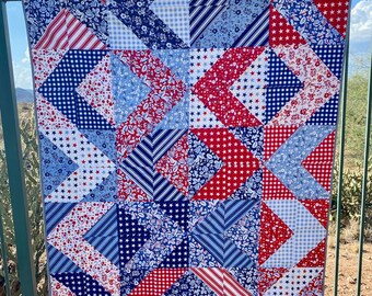 Handmade Americana Quilt Throw | Red White Blue Star & Floral Quilt | 100% Cotton Lap Quilt | Patriotic Farmhouse Decor | USA Inspired Gift
