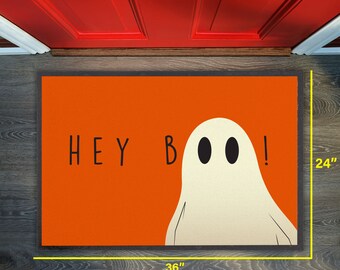 Custom Halloween 36" x 24" "Hey Boo" rug can be used as a door mat, accent rug, entry mat, kitchen mat or even a camper mat.