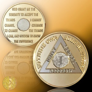 Elegant Bi-Plated Sobriety Coin - AA, Alcoholics Anonymous, 1 Year Sober. A Stunning Reminder of Your Momentous Journey