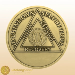 Sobriety Coin - 19 Year Alcoholics Anonymous Coin - Antique Bronze AA Medallion with Serenity Prayer - AA Coin - Recovery Chip