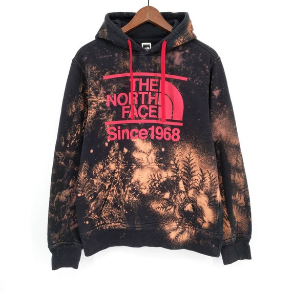 The North Face Custom Tie Dye Bleached Logo Hoodie Sweatshirt | Black Red | Men's Size S