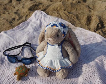 Sukienka szydełkowa z bandaną dla Jellycat, ręcznie robiony strój dla króliczków Jellycat, ubranka dla lalek Jellycat, stroje dla lalek króliczków