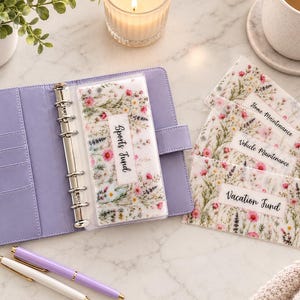 May include: A light purple six-ring binder with floral cash envelopes. One envelope inside reads Sports Fund, while three others outside read Home Maintenance, Vehicle Maintenance, and Vacation Fund. Two pens, one white and one purple, lie below the binder.