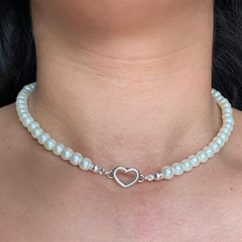 Y2K Pearl Choker Necklace with Heart Charm Etsy