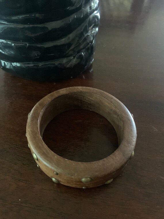 vintage chunky wood bangle bracelet with brass st… - image 4