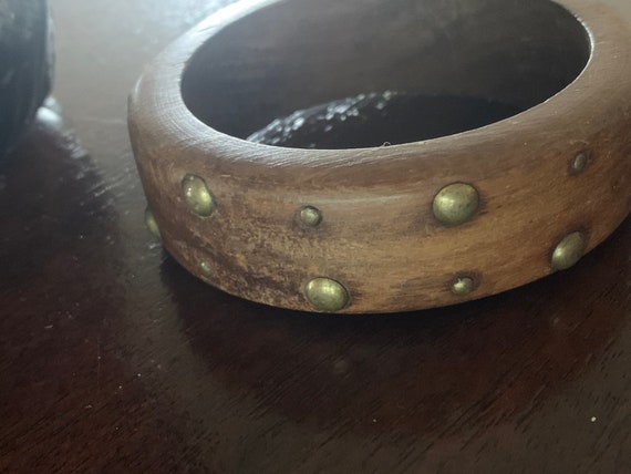 vintage chunky wood bangle bracelet with brass st… - image 3
