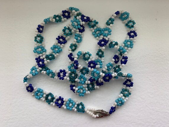 bolo necklace royal blue and gold necklace Long blue necklace blue beaded necklace with a brooch blue seed bead rope necklace for woman