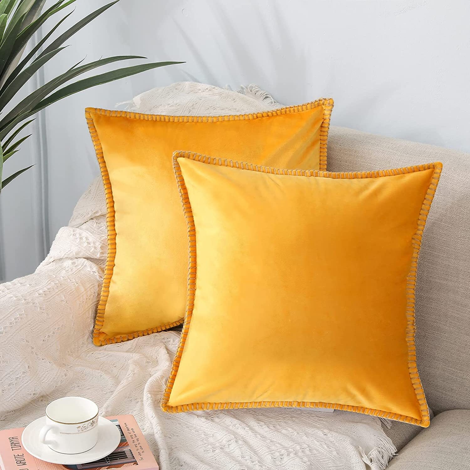 Comvi Mustard Throw Pillows with Inserts Included - Decorative Pillows,  Inserts & Covers -(2 Throw Pillows +2 Pillow Covers) - Velvet Throw Pillows