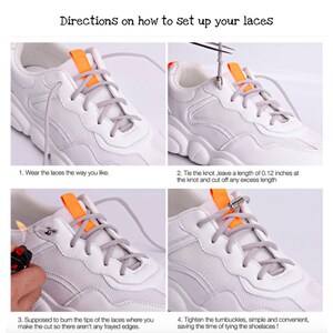 Puede incluir: Una gu&iacute;a paso a paso sobre c&oacute;mo configurar tus cordones usando un par de zapatillas blancas y un cierre de cordones de metal plateado. Las instrucciones incluyen el uso de los cordones, atar un nudo, cortar el exceso de longitud, quemar las puntas de los cordones y apretar los cierres de cordones.