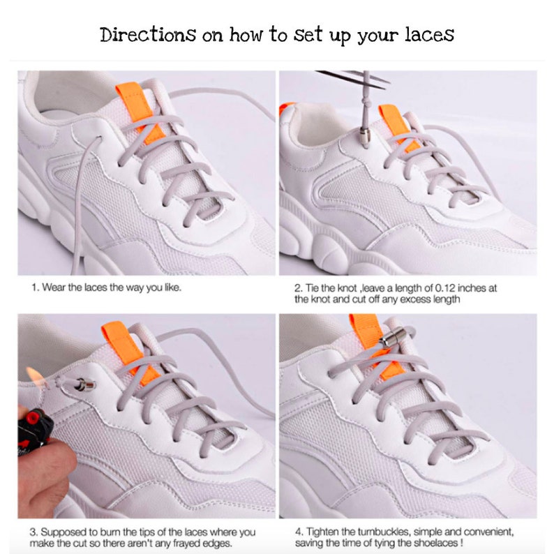 Puede incluir: Una gu&iacute;a paso a paso sobre c&oacute;mo configurar tus cordones usando un par de zapatillas blancas y un cierre de cordones de metal plateado. Las instrucciones incluyen el uso de los cordones, atar un nudo, cortar el exceso de longitud, quemar las puntas de los cordones y apretar los cierres de cordones.