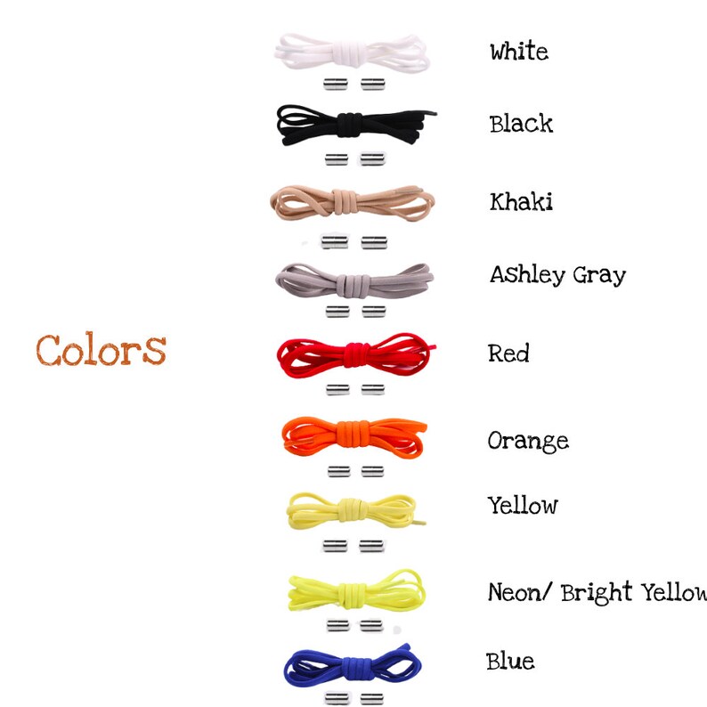 Puede incluir: Un conjunto de cordones de diferentes colores, incluyendo blanco, negro, caqui, gris Ashley, rojo, naranja, amarillo, amarillo ne&oacute;n/brillante y azul. Los cordones est&aacute;n dispuestos verticalmente con el nombre del color escrito a la derecha de cada cord&oacute;n.
